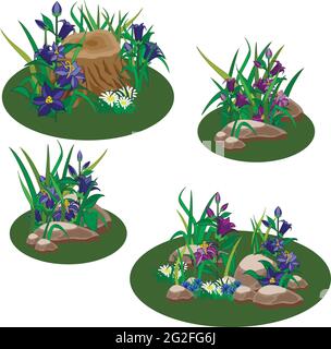 Set von Sommer Landschaft Elemente, um Garten oder Wald Szene für Spiel Asset oder Cartoon zu erstellen. Glockenblumen, Gras, Stubs, Kornblumen, Kamillen. Vect Stock Vektor