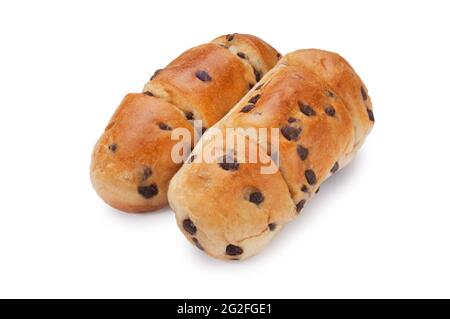 studio Schuss von Schokolade Chip Brioche vor weißem Hintergrund geschnitten - John Gollop Stockfoto