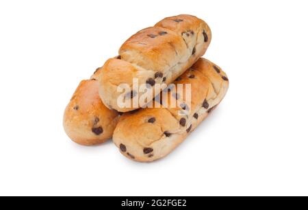 studio Schuss von Schokolade Chip Brioche vor weißem Hintergrund geschnitten - John Gollop Stockfoto