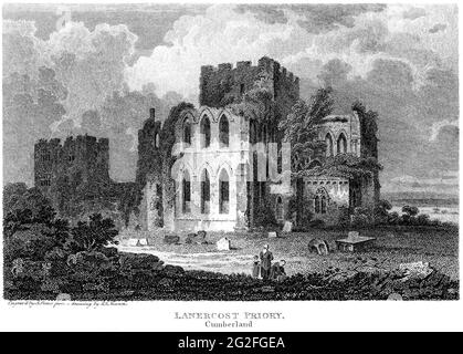 Ein Stich von Lanercost Priory, Cumberland, gescannt in hoher Auflösung aus einem Buch, das 1812 gedruckt wurde. Für urheberrechtlich frei gehalten. Stockfoto