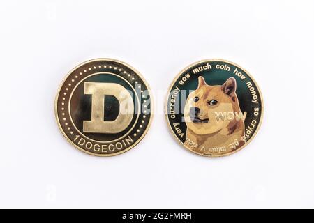 Dogecoin-Meme-Münze. Nahaufnahme der Kryptowährung Stockfoto