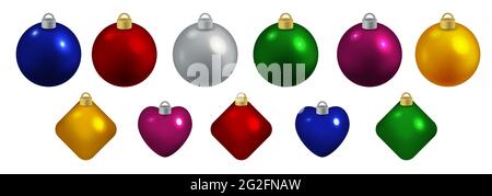Set von dekorativen Spielzeug für Cristmas, Kugeln, Herzen, Rauten. Isolierte Objekte für Neujahrsfeiern und Weihnachtsbaum- oder Kartendekor. Vektor illustrr Stock Vektor