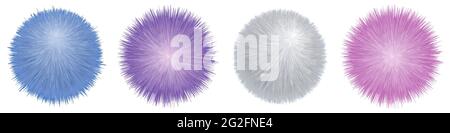 Pelzbommel. Flauschige pelzige Kugeln, Satz von bunten isolierten Elementen. Shaggy realistische Textur. Vektorgrafik Stock Vektor