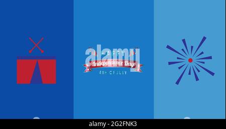 Happy Independence Day Text über Zelt und Feuerwerk Explosion Symbole vor blauem Hintergrund Stockfoto