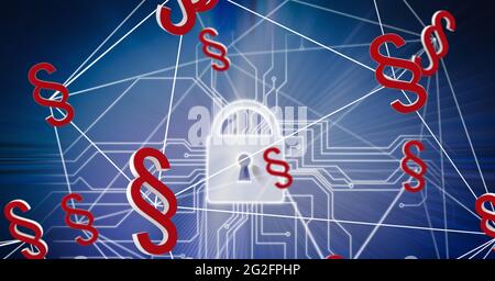 Zusammensetzung des Netzwerks aus digitalen Symbolen und Sicherheits-Vorhängeschloss über der Computerplatine Stockfoto