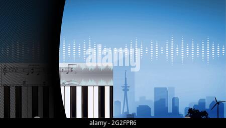 Komposition von grafischem Musik-Equalizer über Tastatur mit Stadtbild auf blauem Hintergrund Stockfoto