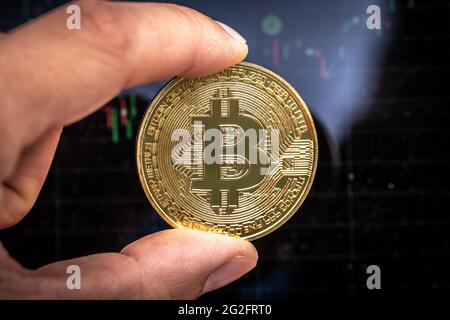 Bitcoin Kryptowährung physische Münze Nahaufnahme Stockfoto