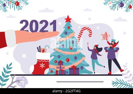 Santa Claus Hand gibt 2021 Jahre Zahlen. Glückliche Familie in der Nähe der traditionellen Weihnachtsbaum, weihnachtsfeier. Neujahr, Winterferien, horizontales Banner Stock Vektor