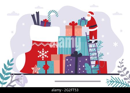Der Weihnachtsmann bringt Geschenke. Große rote Socke mit Geschenken. Weihnachtsabend Hintergrund . Weihnachten und Neujahr, horizontales Banner. Feiertage im Dezember. Stock Vektor