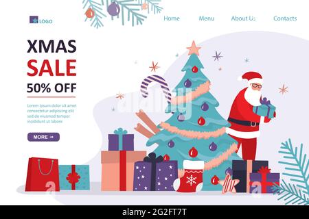 Weihnachtsangebot, 50 % Rabatt, Landing-Page-Vorlage. Winterrabatte. Lustige Weihnachtsmann mit Geschenken. Traditioneller weihnachtsbaum und verschiedene Geschenke. Neujahr c Stock Vektor