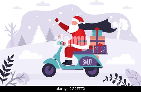 Der Weihnachtsmann liefert Geschenke auf dem Motorrad. weihnachtsmann mit Geschenken für weihnachten und Neujahr. Großvater auf Motorrad mit Geschenk-Boxen. Holid Stock Vektor