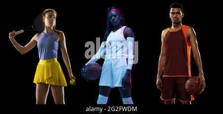 Schöne afroamerikanische Basketballspielerin in Neonlicht auf blauem Hintergrund. Konzept des gesunden Lebensstils, des Profisports, des Hobbys. Stockfoto