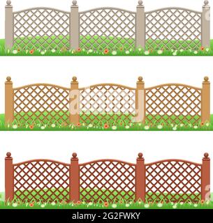 Set von Farm oder Garten Zäune isoliert auf weißem Hintergrund mit Gras und Blumen. Vorderansicht, kann als Szenenelemente für Spiele oder Cartoon-Elemente verwendet werden. Stock Vektor