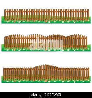 Set von Bauernhof Holzzäune isoliert auf weißem Hintergrund mit Gras und Flowers.fits als Szene-Elemente für Cartoon oder Spiel Asset. Vektorgrafik. Stock Vektor