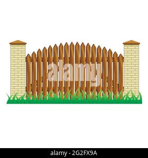 Zaun mit Ziegelsäulen und Holztor. Element zur Verwendung in Herrenhaus, Bauernhof oder Gartenzaun. Isoliertes Objekt auf weißem Hintergrund. Vektorgrafik Stock Vektor