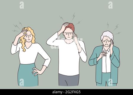 Kopfschmerzen und Schmerzen Konzept. Gruppe von traurigen jungen und alten Menschen Cartoon-Figuren stehen berühren Köpfe mit Kopfschmerzen oder Migräne Vektor-Illustration Stock Vektor