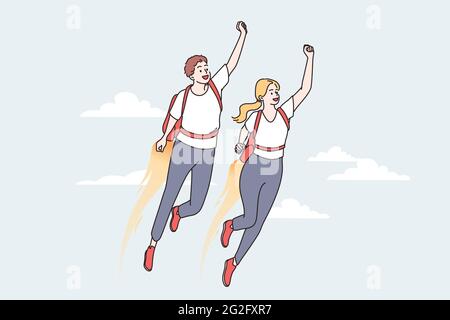 Geschäftserfolg und Superpower-Konzept. Junge lächelnde positive Geschäftsmann und weibliche Kollegen in Superman Attribute fliegen hoch Erreichen Geschäftsziel zusammen Vektor-Illustration Stock Vektor