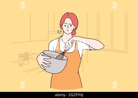 Müdigkeit beim Kochen zu Hause Konzept. Traurig frustriert irritierend hübsches Mädchen Cartoon-Figur in Schürze stehend Kochen und das Gefühl müde von Hausarbeit Vektor-Illustration Stock Vektor