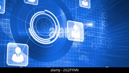 Zusammensetzung des Netzwerks von Verbindungen mit Symbolen über Scopes Scannen Stockfoto