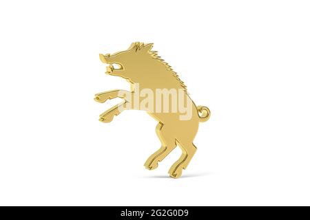 Goldenes 3d-Wildschwein-Symbol auf weißem Hintergrund isoliert - 3d-Rendering Stockfoto