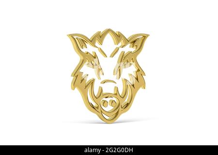 Goldenes 3d-Wildschwein-Symbol auf weißem Hintergrund isoliert - 3d-Rendering Stockfoto