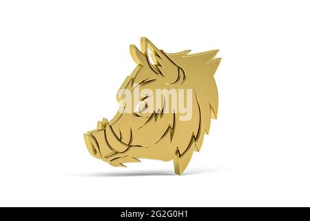 Goldenes 3d-Wildschwein-Symbol auf weißem Hintergrund isoliert - 3d-Rendering Stockfoto