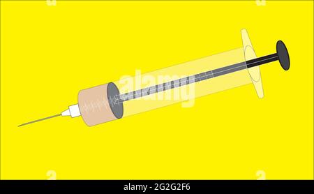 Vektordarstellung einer Spritze Covid 19 Impfstoffflasche, 45 ml flüssig, halbtransparent auf gelbem Hintergrund (Schicht) Stock Vektor