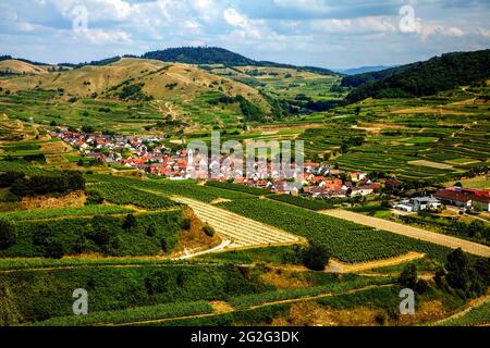 Blick von der Mondhalde nach Oberbergen, Vogtsburg im Kaiserstuhl, Baden-Württemberg, Deutschland Stockfoto