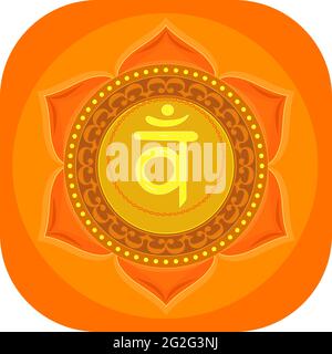 Das zweite Swadhisthana-Chakra mit dem Hindu-Sanskrit-Samenmantra VAM . Orange ist ein flaches Symbol für Meditation, Yoga.Vector Stock Vektor