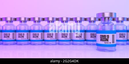 Glasflasche mit Coronavirus- oder Covid-19-Impfstoffflaschen mit selektivem Fokus und unscharfem Hintergrund, 3d-Rendering Stockfoto