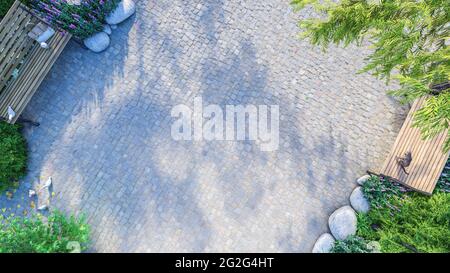 Blick von oben auf den öffentlichen Park im Sommer bei Sonnenlicht mit Holzbank und Steinpflaster Fußweg. Gartenhintergrund mit Kopierbereich, 3d-Rendering Stockfoto