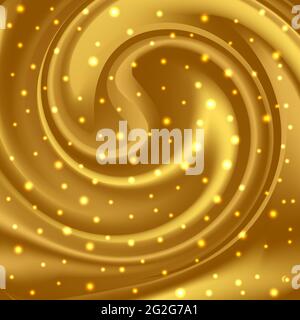 Gold leuchtende und wirbelnde Wellen, luxuriöser glänzender abstrakter Hintergrund. Goldener Glitzer funkelt, dynamisches Bewegungs-Spiralmuster. Vektorgrafik Stock Vektor