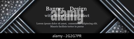 Silbernes Weihnachtsbanner-Design mit hellem Leuchteffekt, Schneeflocken und Glitzerfunken. Moderner geometrischer Stil, silberner Glanzschnee und Linien auf Schwarz Stock Vektor