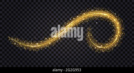 Goldene Lichtwirbelwelle. Glühendes Gold mit welligen Linien und magisch glänzendem Glanz. Isoliertes Element auf transparentem Hintergrund, Vektordarstellung Stock Vektor