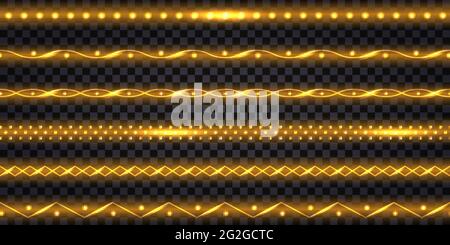 Goldene LED-Streifen und Girlanden mit neonstrahlendem Effekt und Glitzerlicht. Leuchtend glänzende goldfarbene Bordüren, isoliert auf transparentem Hintergrund. Vecto Stock Vektor