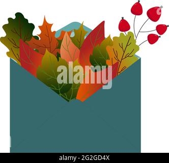 Herbstblätter und rote Beeren in einem Briefumschlag. Hallo, Herbst. Stock Vektor