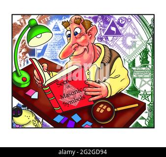 Kunst Illustration des Menschen Lesen Forschung über Freimaurerei Maurer Mauerwerk Geheimnisse & Geschichte Freimaurersymbole im Hintergrund. Gesellschaften der Geheimgesellschaft Stockfoto