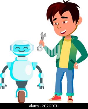 chinesische junge Reparatur Roboter zu Hause Cartoon Vektor Stock Vektor