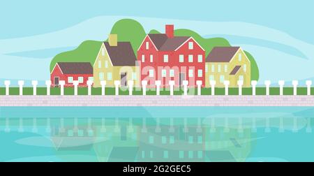 Stadtlandschaft mit hellen Häusern und Flussvektordarstellung Stock Vektor