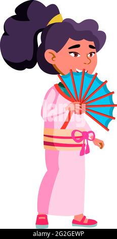 chinesische Mädchen in traditioneller Kleidung winken Fan zu Hause Cartoon-Vektor Stock Vektor