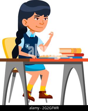 Smart chinesisches Mädchen sitzt am Schreibtisch mit Büchern studieren an der Schule Cartoon-Vektor Stock Vektor