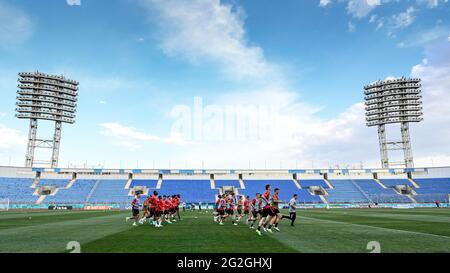 Die belgischen Spieler, die während einer Trainingseinheit der belgischen Fußballnationalmannschaft Red Devils am Freitag, den 11. Juni 2021 in Saint-Petersbourg, Russland, abgebildet wurden Stockfoto