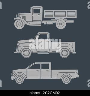 Satz von Oldtimer-Lastwagen. Einfache Symbole auf dunklem Hintergrund zum Drucken. Vektorgrafik Stock Vektor