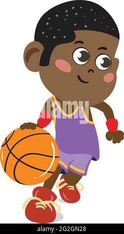 Ein niedliches und entzückendes Kind Charakter im Cartoon-Stil. Kindergarten Vorschule Kind gekleidet als professioneller Basketballspieler. Kleines Schwarzes Kind, Das Dribbert Stock Vektor