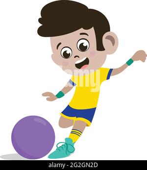 Ein niedliches & entzückendes Kind Charakter im Cartoon-Stil. Kindergarten Vorschule Kind als professioneller Fußballspieler gekleidet. Kleines Kind spielt mit Fußball. Stock Vektor