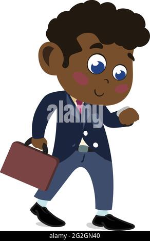 Ein niedliches Kind Charakter im Cartoon-Stil. Kindergarten Vorschule Kind als professioneller Geschäftsmann gekleidet. Kleines schwarzes Kind mit Aktentasche. Traumjob. Stock Vektor