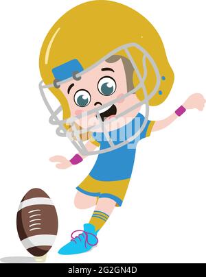 Ein niedliches und entzückendes Kind Charakter im Cartoon-Stil. Kindergarten Vorschule Kind als professioneller Rugby-Spieler gekleidet. Small Kid tritt den Ball entgegen Stock Vektor