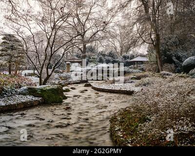 Winter im Japanischen Garten, Botanischer Garten Augsburg, Stockfoto