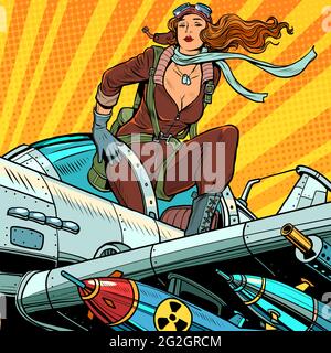 PIN-up Militärpilot. Schöne Frau in Uniform auf einem Flugzeug mit Bomben und schweren Waffen Stock Vektor