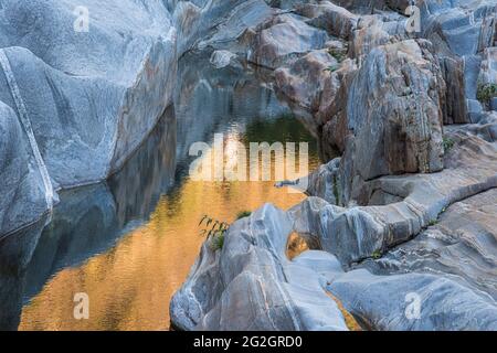 Impressionen von Lavertezzo im Verzasca-Tal, Bezirk Locarno, Kanton Tessin in der Schweiz: Beliebtes Ausflugsziel zum Wandern, Flusstauchen und Schwimmen. Granitfelsen im Verzasca River. Stockfoto